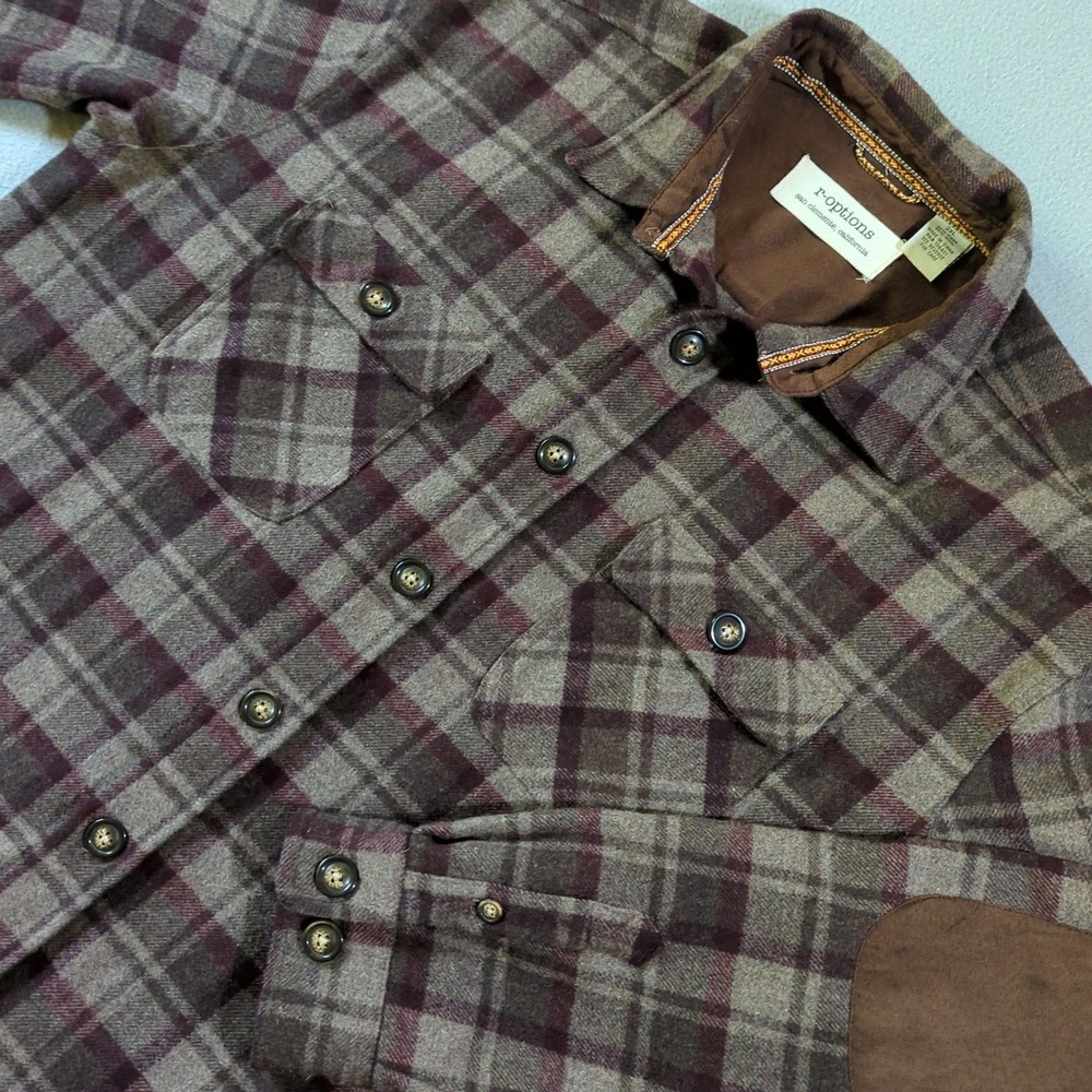 R-Options Mens 2XL Plaid Wool Blend Flannel Shirt Elbow Patches Brown Burgundy